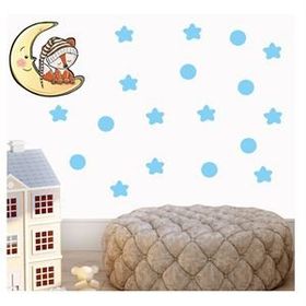 Tilki Dünyası S0016 ST Ay Üzerinde Uyuyan Sevimli Tilki Mavi Yıldızlar ve Puantiyeler Çocuk Odası Duvar Sticker