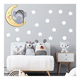 Tilki Dünyası S0018 ST Ay Üzerinde Uyuyan Sevimli Fil Beyaz Yıldızlar ve Puantiyeler Çocuk Odası Duvar Sticker