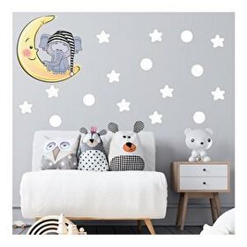 Tilki Dünyası S0018 ST Ay Üzerinde Uyuyan Sevimli Fil Beyaz Yıldızlar ve Puantiyeler Çocuk Odası Duvar Sticker