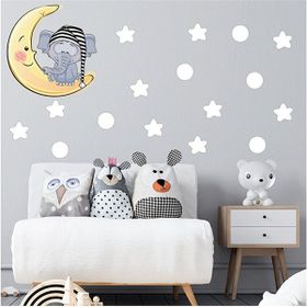 Tilki Dünyası S0018 ST Ay Üzerinde Uyuyan Sevimli Fil Beyaz Yıldızlar ve Puantiyeler Çocuk Odası Duvar Sticker