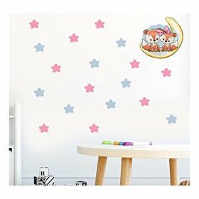 Tilki Dünyası S0021 ST Ay Üzerindeki Sevimli Tilkiler Mavi ve Pembe Yıldızlar Çocuk Odası Duvar Sticker