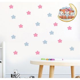 Tilki Dünyası S0021 ST Ay Üzerindeki Sevimli Tilkiler Mavi ve Pembe Yıldızlar Çocuk Odası Duvar Sticker