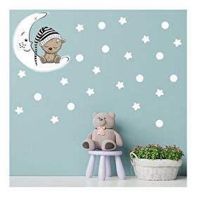 Tilki Dünyası S0071 ST Ay Üzerinde Uyuyan Sevimli Ayıcık Beyaz Yıldızlar ve Puantiyeler Çocuk Odası Duvar Sticker