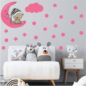 Tilki Dünyası S0073 ST Ay Üzerinde Uyuyan Sevimli Ayıcık Pembe Yıldızlar ve Puantiyeler Çocuk Odası Duvar Sticker