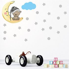 Tilki Dünyası S0085 ST Ay Üzerinde Uyuyan Sevimli Ayıcık Gri Yıldızlar Puantiyeler ve Mavi Bulut Çocuk Odası Duvar Sticker