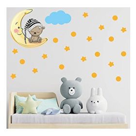 Tilki Dünyası S0086 ST Ay Üzerinde Uyuyan Sevimli Ayıcık Sarı Yıldızlar Puantiyeler ve Mavi Bulut Çocuk Odası Duvar Sticker