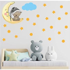 Tilki Dünyası S0086 ST Ay Üzerinde Uyuyan Sevimli Ayıcık Sarı Yıldızlar Puantiyeler ve Mavi Bulut Çocuk Odası Duvar Sticker