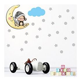 Tilki Dünyası S0087 ST Ay Üzerinde Uyuyan Sevimli Maymun Gri Yıldızlar Puantiyeler ve Mavi Bulut Çocuk Odası Duvar Sticker