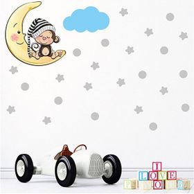 Tilki Dünyası S0087 ST Ay Üzerinde Uyuyan Sevimli Maymun Gri Yıldızlar Puantiyeler ve Mavi Bulut Çocuk Odası Duvar Sticker