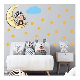 Tilki Dünyası S0088 ST Ay Üzerinde Uyuyan Sevimli Maymun Sarı Yıldızlar Puantiyeler ve Mavi Bulut Çocuk Odası Duvar Sticker