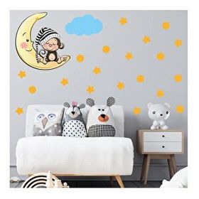 Tilki Dünyası S0088 ST Ay Üzerinde Uyuyan Sevimli Maymun Sarı Yıldızlar Puantiyeler ve Mavi Bulut Çocuk Odası Duvar Sticker