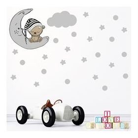Tilki Dünyası S0089 ST Ay Üzerinde Uyuyan Sevimli Ayıcık Gri Yıldızlar Puantiyeler ve Gri Bulut Çocuk Odası Duvar Sticker
