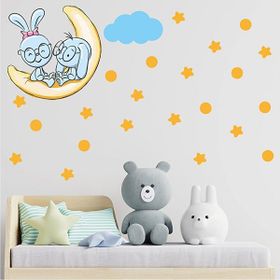 Tilki Dünyası S0091 ST Ay Üzerinde Oturan Sevimli Tavşanlar Duvar Sticker