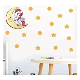 Tilki Dünyası S0102 ST Ay Üzerindeki Sevimli Unicorn Çocuk Odası Duvar Sticker