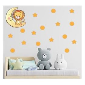 Tilki Dünyası S0104 ST Ay Üzerindeki Sevimli Aslan Sarı Yıldızlar ve Puantiyeler Çocuk Odası Duvar Sticker