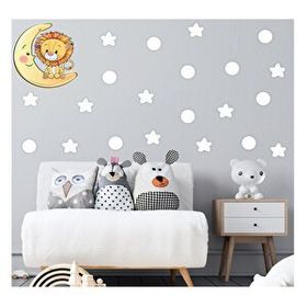 Tilki Dünyası S0105 ST Ay Üzerindeki Sevimli Aslan Beyaz Yıldızlar ve Puantiyeler Çocuk Odası Duvar Sticker