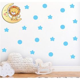 Tilki Dünyası S0106 ST Ay Üzerindeki Sevimli Aslan Mavi Yıldızlar ve Puantiyeler Çocuk Odası Duvar Sticker