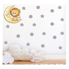 Tilki Dünyası S0107 ST Ay Üzerindeki Sevimli Aslan Gri Yıldızlar ve Puantiyeler Çocuk Odası Duvar Sticker