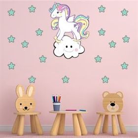 Tilki Dünyası S0111 ST Sevimli Unicorn Gülen Beyaz Bulut Yeşil Yıldızlar Çocuk Odası Duvar Sticker