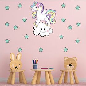 Tilki Dünyası S0111 ST Sevimli Unicorn Gülen Beyaz Bulut Yeşil Yıldızlar Çocuk Odası Duvar Sticker