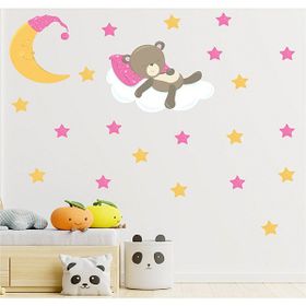 Tilki Dünyası S0113 ST Bulut Üzerinde Uyuyan Ayıcık Sevimli Ay Pembe Ve Sarı Yıldızlar Çocuk Odası Duvar Sticker