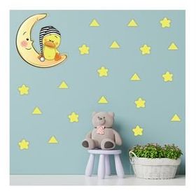 Tilki Dünyası S0114 ST Ay Üzerinde Uyuyan Sevimli Ördek Sarı Yıldız ve Üçgenler Çocuk Odası Duvar Sticker