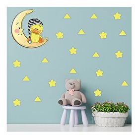 Tilki Dünyası S0114 ST Ay Üzerinde Uyuyan Sevimli Ördek Sarı Yıldız ve Üçgenler Çocuk Odası Duvar Sticker