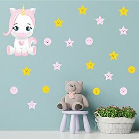Tilki Dünyası S0206 ST Sevimli Unicorn Pembe ve Sarı Renk Yıldızlar ve Puantiyeler Çocuk Odası Duvar Sticker