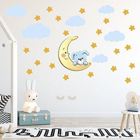 Tilki Dünyası Sevimli Köpekcik Sarı Yıldızlar ve Mavi Bulutlar Dekoratif Bebek Çocuk Odası Duvar Stickerı