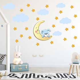 Tilki Dünyası Sevimli Köpekcik Sarı Yıldızlar ve Mavi Bulutlar Dekoratif Bebek Çocuk Odası Duvar Stickerı