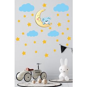 Tilki Dünyası Sevimli Köpekcik Sarı Yıldızlar ve Mavi Bulutlar Dekoratif Bebek Çocuk Odası Duvar Stickerı
