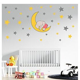 Tilki Dünyası T0336 ST Ay Üzerinde Uyuyan Sevimli Fil Çocuk Odası Duvar Sticker