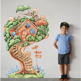Tilki Dünyası T0357 ST Ağaç Ev ve Kediler Çocuk Odası Duvar Sticker