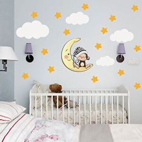 Tilki Dünyası TILKI-74821 Uyuyan Maymun Yıldız Bulut Set Bebek Çocuk Odası Duvar Sticker