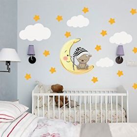 Tilki Dünyası TILKI-74982 Uyuyan Ayıcık Yıldızlar ve Bulutlar Dekoratif Bebek Çocuk Odası Duvar Sticker