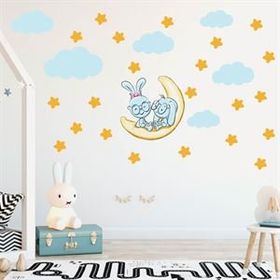 Tilki Dünyası TILKI-75137 Sevimli Tavşanlar Sarı Yıldızlar ve Mavi Bulutlar Dekoratif Bebek Çocuk Odası Duvar Sticker