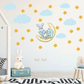 Tilki Dünyası TILKI-75137 Sevimli Tavşanlar Sarı Yıldızlar ve Mavi Bulutlar Dekoratif Bebek Çocuk Odası Duvar Sticker