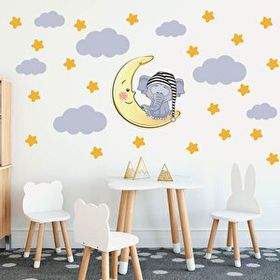 Tilki Dünyası TILKI-75842 Uyuyan Fil Yıldızlar ve Bulutlar Dekoratif Bebek Çocuk Odası Duvar Sticker