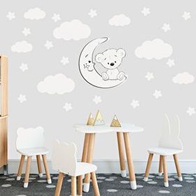 Tilki Dünyası TILKI-75993 Sevimli Beyaz Ayıcık Beyaz Yıldızlar ve Bulutlar Dekoratif Bebek Çocuk Odası Duvar Sticker