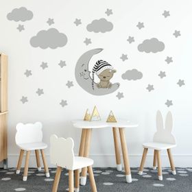 Tilki Dünyası Uyuyan Ayıcık Gri Yıldızlar ve Gri Bulutlar Dekoratif Bebek Çocuk Odası Sticker