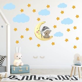 Tilki Dünyası Uyuyan Ayıcık Yıldızlar ve Bulutlar Dekoratif Bebek Çocuk Odası Duvar Stickerı