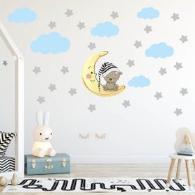Tilki Dünyası Uyuyan Ayıcık Yıldızlar ve Bulutlar Dekoratif Bebek Çocuk Odası Duvar Stickerı