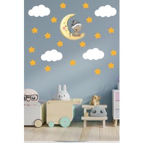 Tilki Dünyası Uyuyan Ayıcık Yıldızlar ve Bulutlar Dekoratif Bebek Çocuk Odası Duvar Stickerı