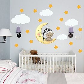 Tilki Dünyası Uyuyan Ayıcık Yıldızlar ve Bulutlar Dekoratif Bebek Çocuk Odası Duvar Stickerı