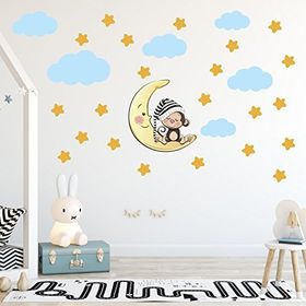 Tilki Dünyası Uyuyan Maymun Sarı Yıldızlar ve Mavi Bulutlar Dekoratif Bebek Çocuk Odası Duvar Stickerı