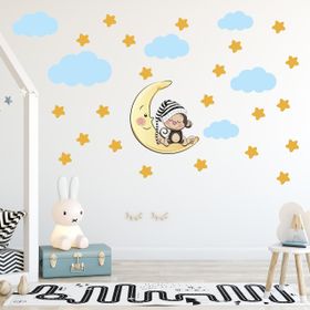 Tilki Dünyası Uyuyan Maymun Sarı Yıldızlar ve Mavi Bulutlar Dekoratif Bebek Çocuk Odası Duvar Stickerı