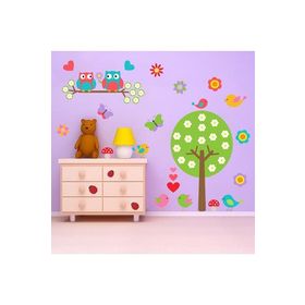 Tilki Dünyası WALLST0006 Sevimli Baykuş Çiçek Ağaç ve Kuş Çocuk Odası Duvar Sticker