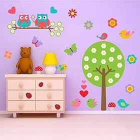 Tilki Dünyası WALLST0006 Sevimli Baykuş Çiçek Ağaç ve Kuş Çocuk Odası Duvar Sticker