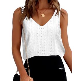 Timuspo Camisole Delikli Nakışlı V Yaka Kolsuz Zarif Beyaz Kadın Bluz