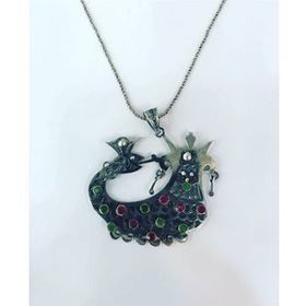 Tmt Silver 925 Ayar Kök Yakut ve Zümrüt Taşlı Şahmeran Gümüş Kolye